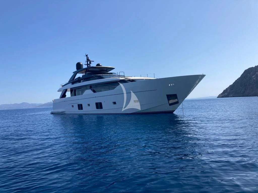 a white yacht in the water aboard JOURNEY Yacht for Sale