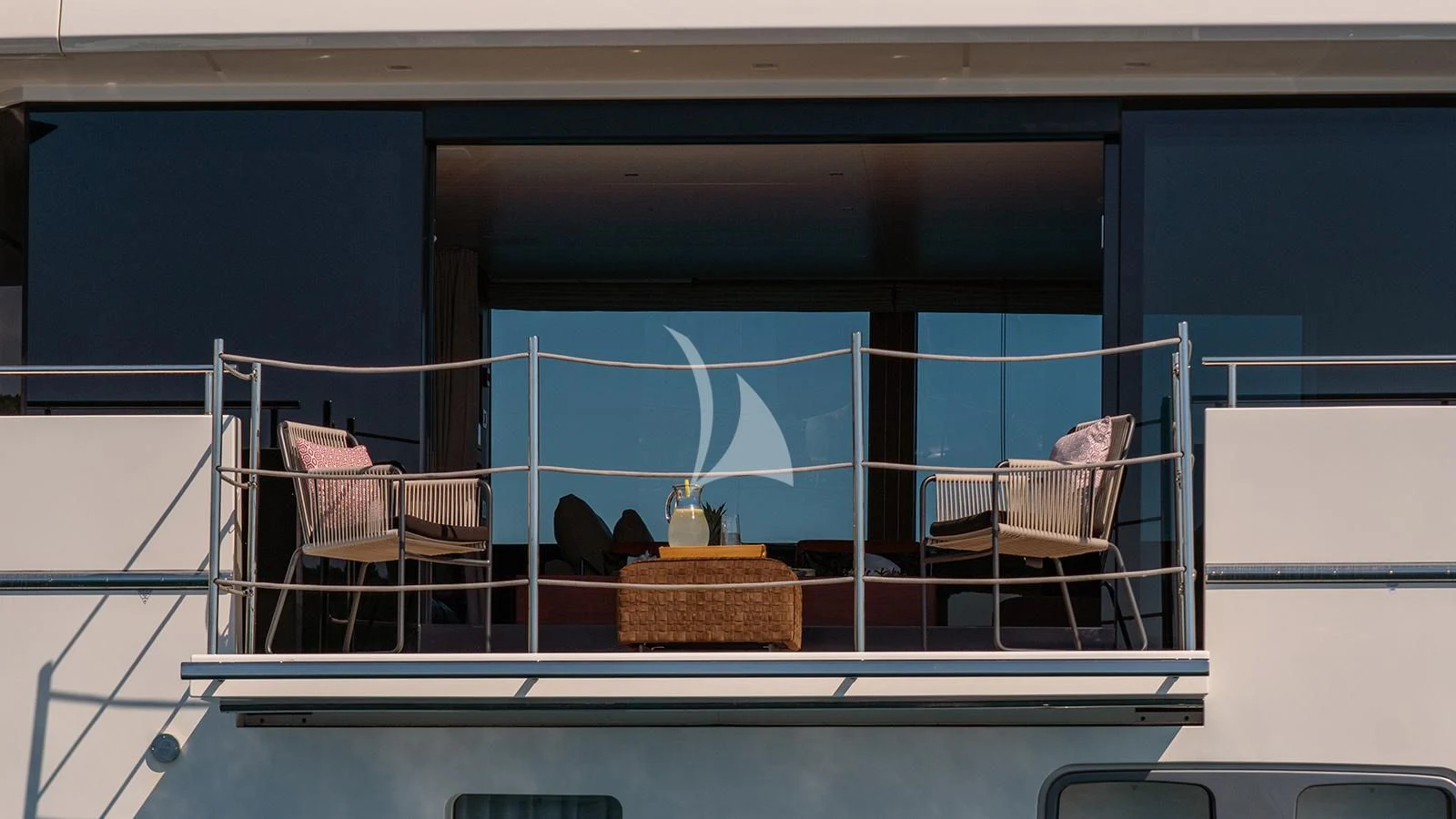 a room with a table and chairs aboard JOURNEY Yacht for Sale