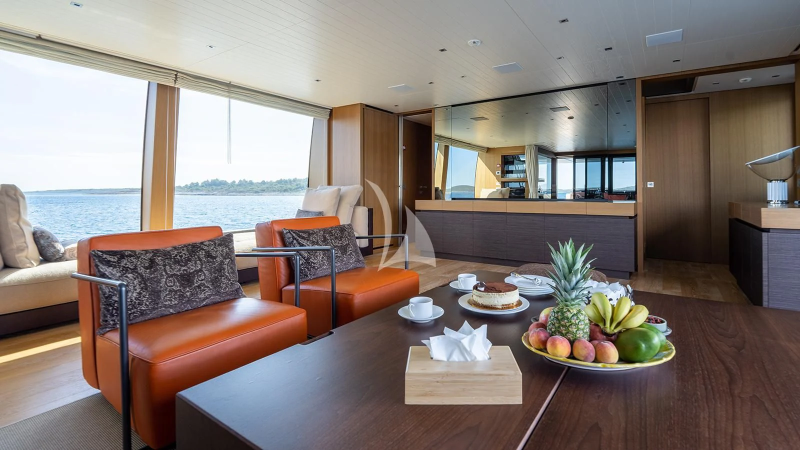a table with food on it aboard JOURNEY Yacht for Sale