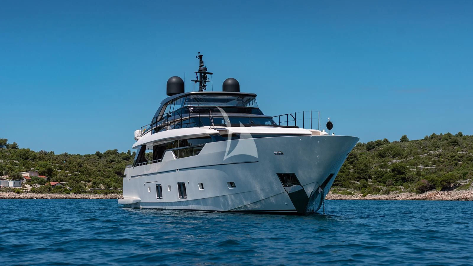 a large white boat in the water aboard JOURNEY Yacht for Sale