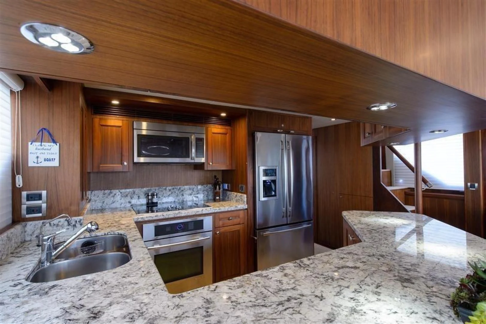 a kitchen with granite counter tops aboard RHONDAVOUS Yacht for Sale