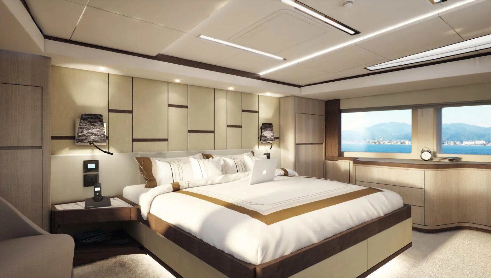 a room with a bed and a window aboard MAJESTY 100 Yacht for Sale