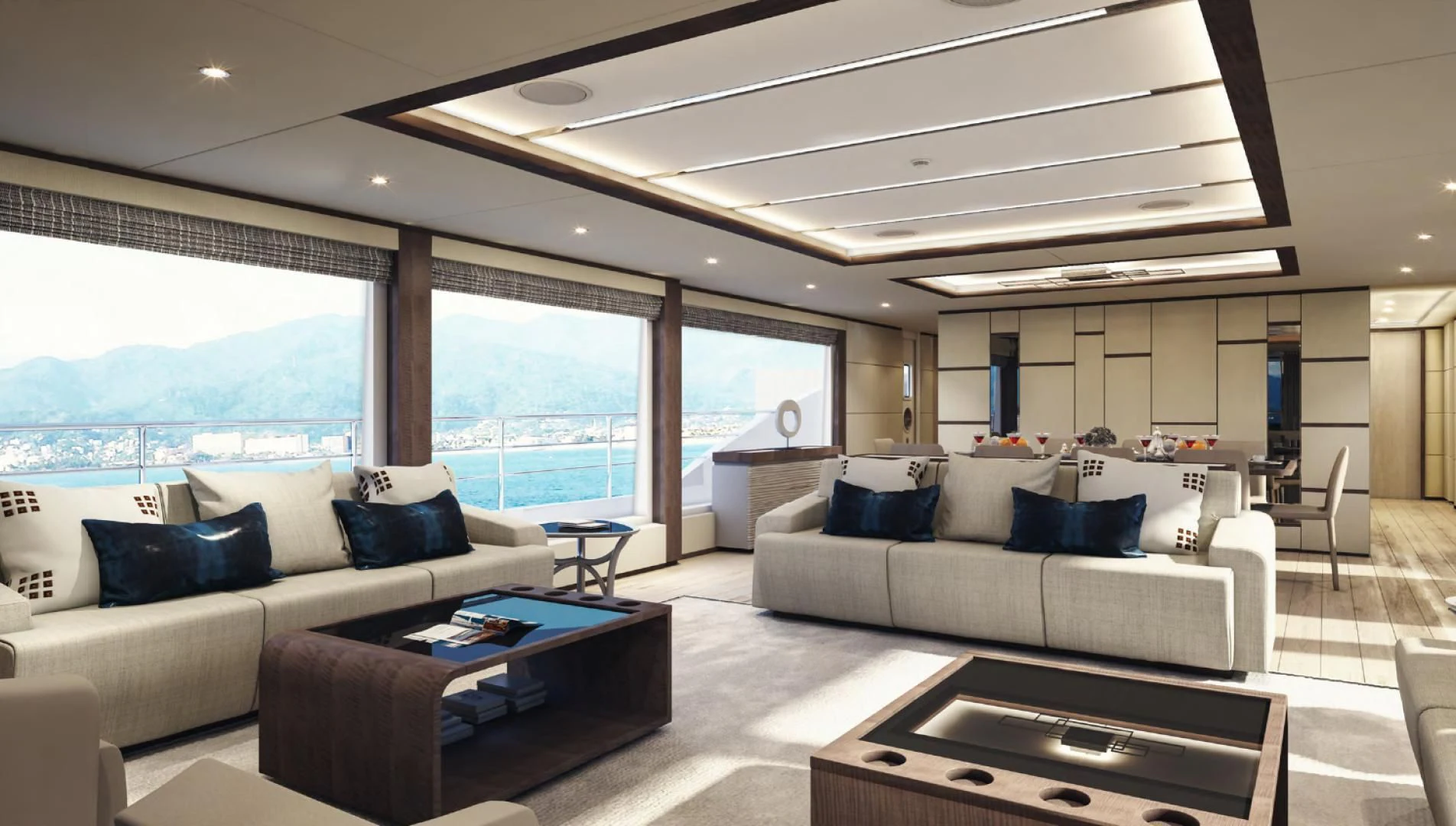 a living room with a large window aboard MAJESTY 100 Yacht for Sale