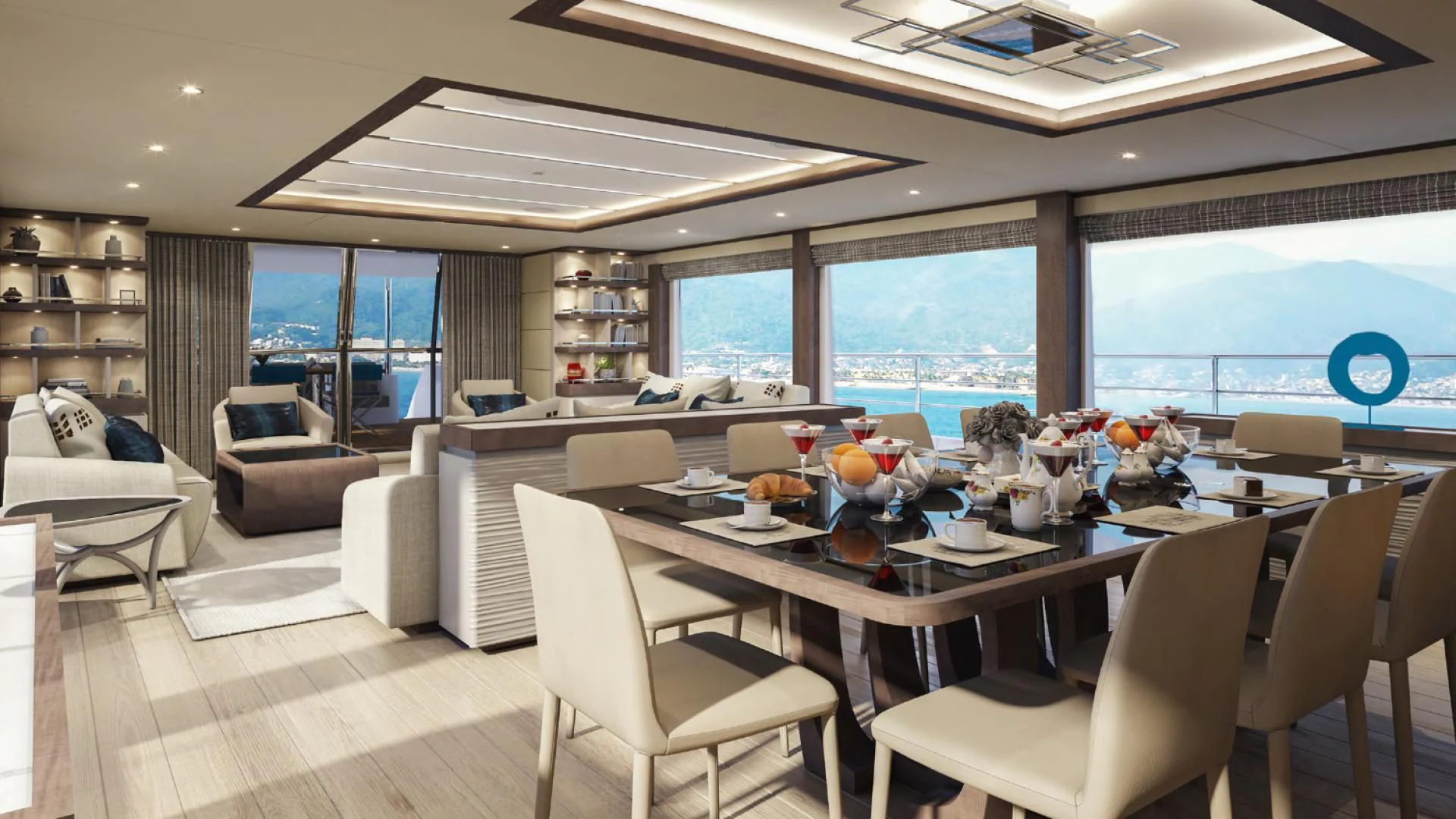 a large room with a table and chairs aboard MAJESTY 100 Yacht for Sale