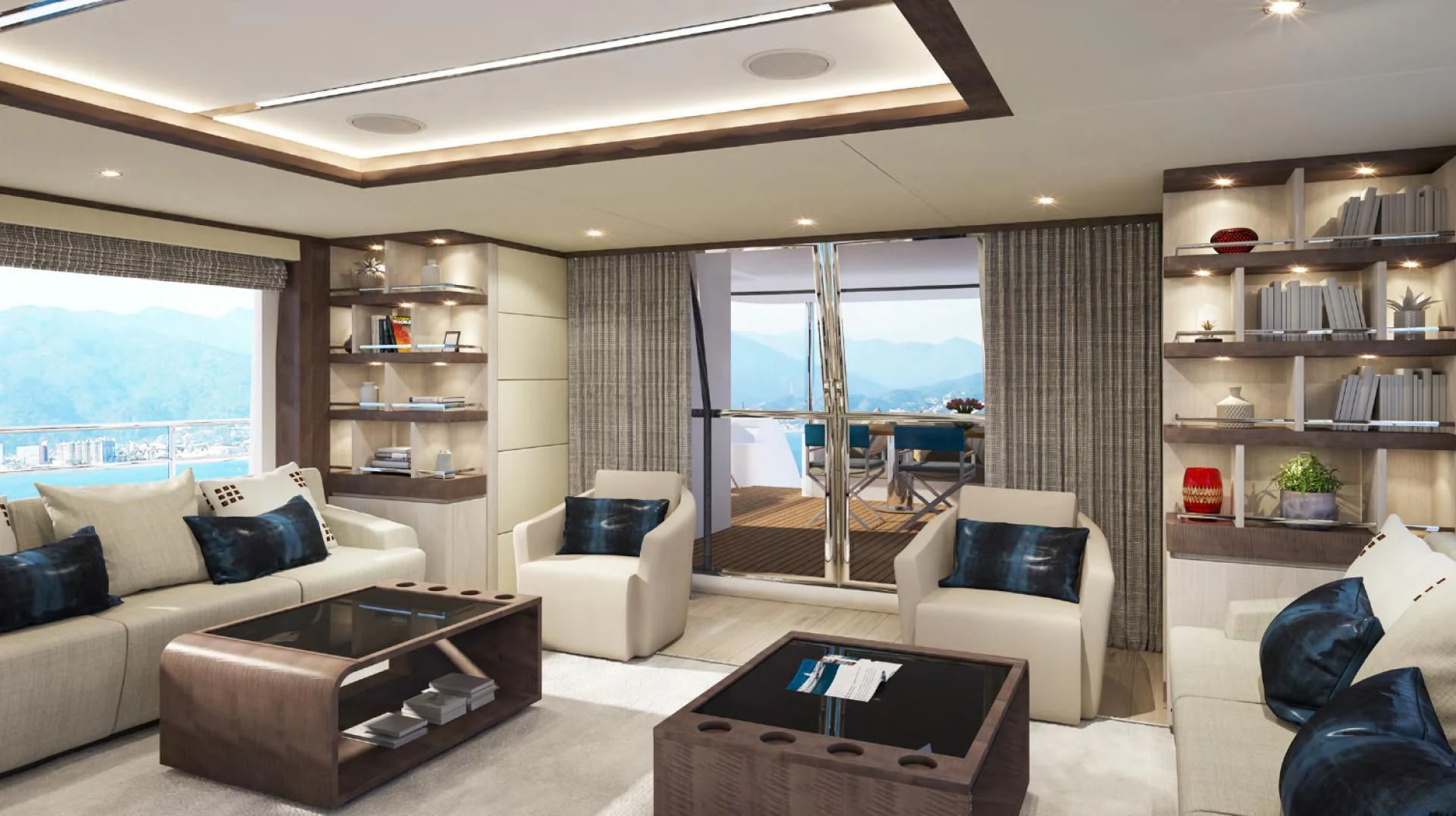 a living room with a large window aboard MAJESTY 100 Yacht for Sale