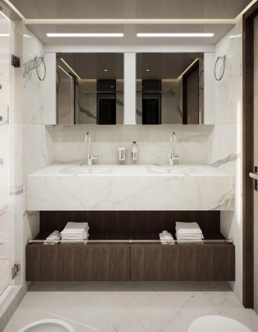 a bathroom with a large mirror aboard MAJESTY 100 Yacht for Sale