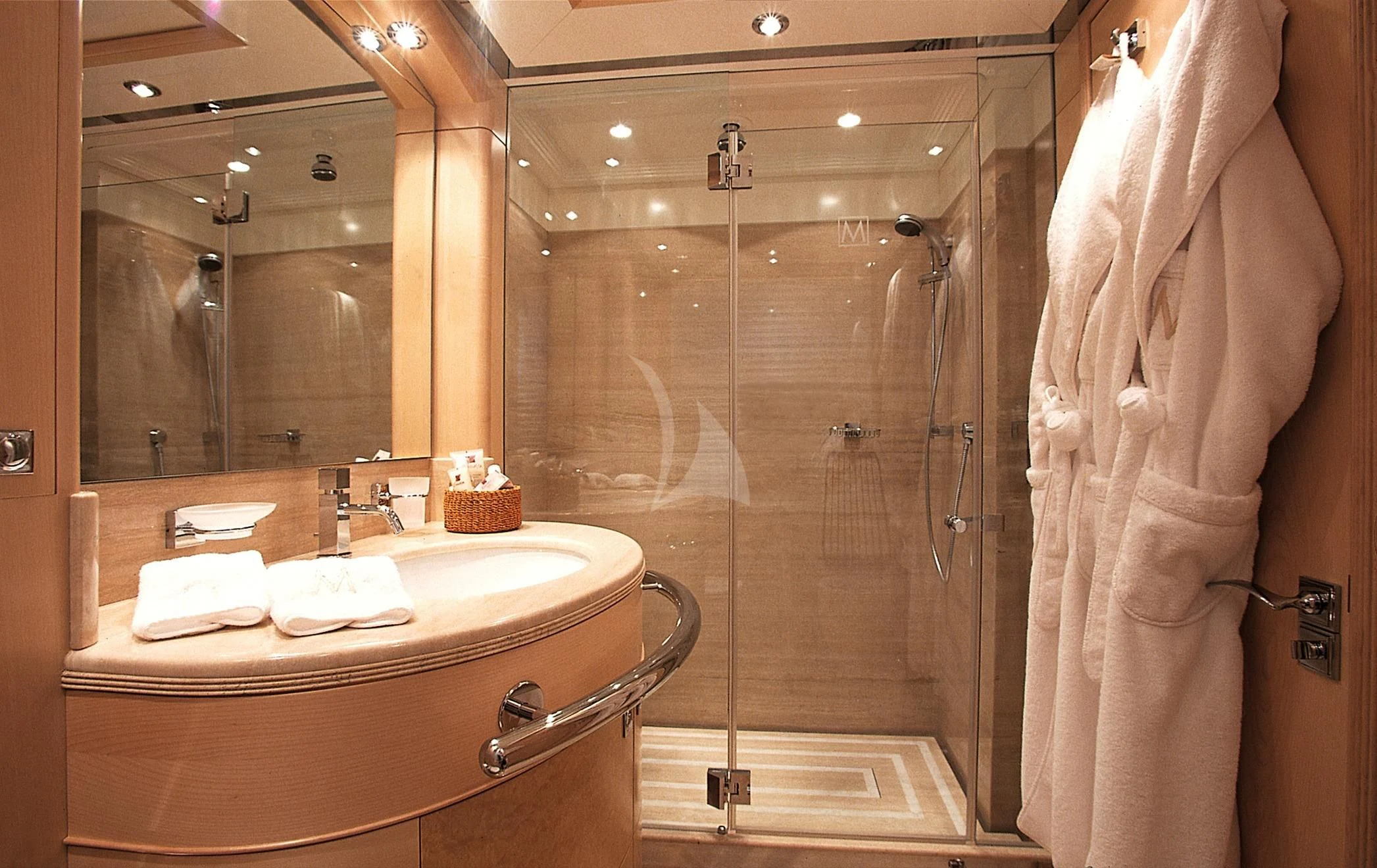 a bathroom with a large shower aboard MORE Yacht for Sale