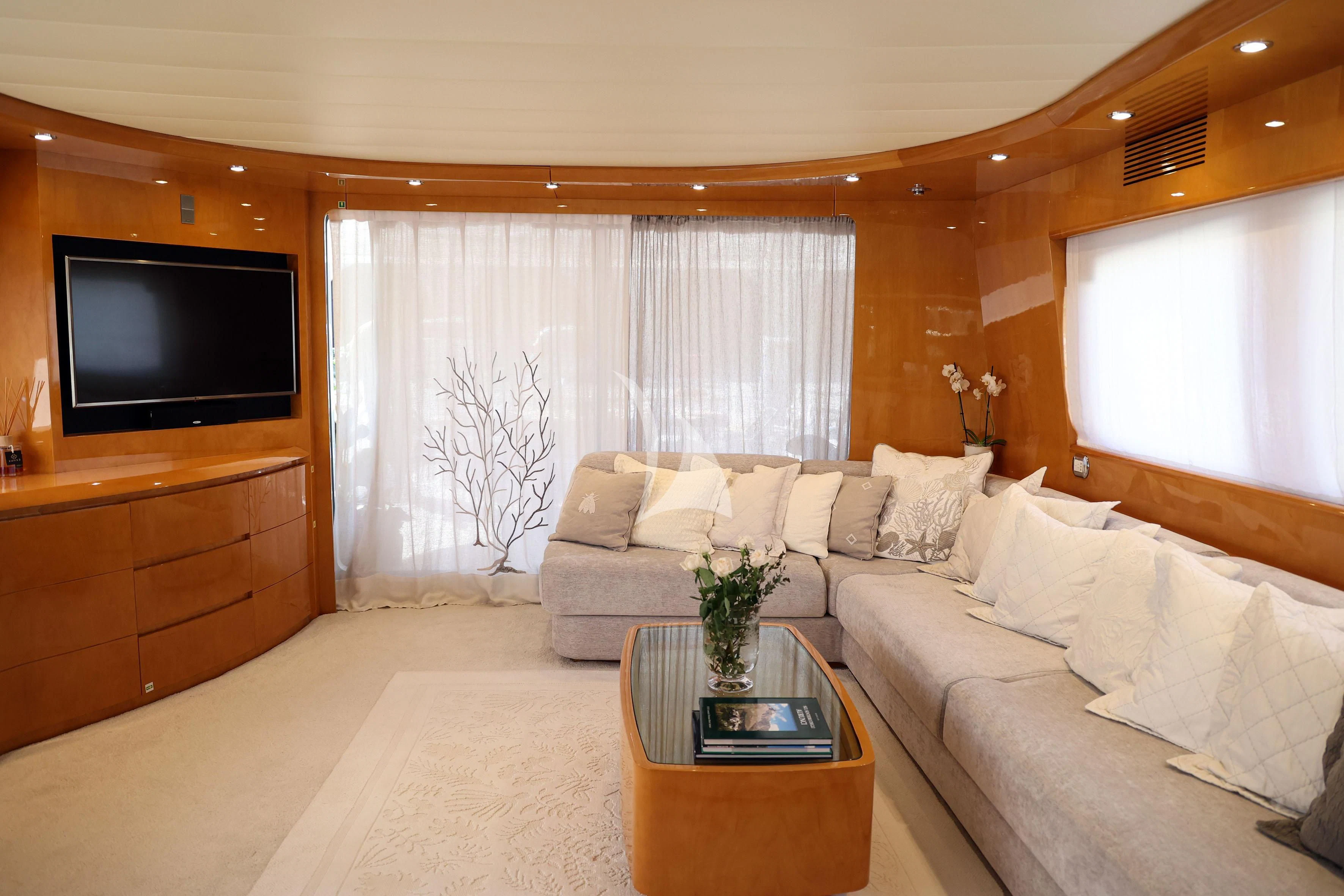 a living room with a large television aboard WILLFUL Yacht for Sale