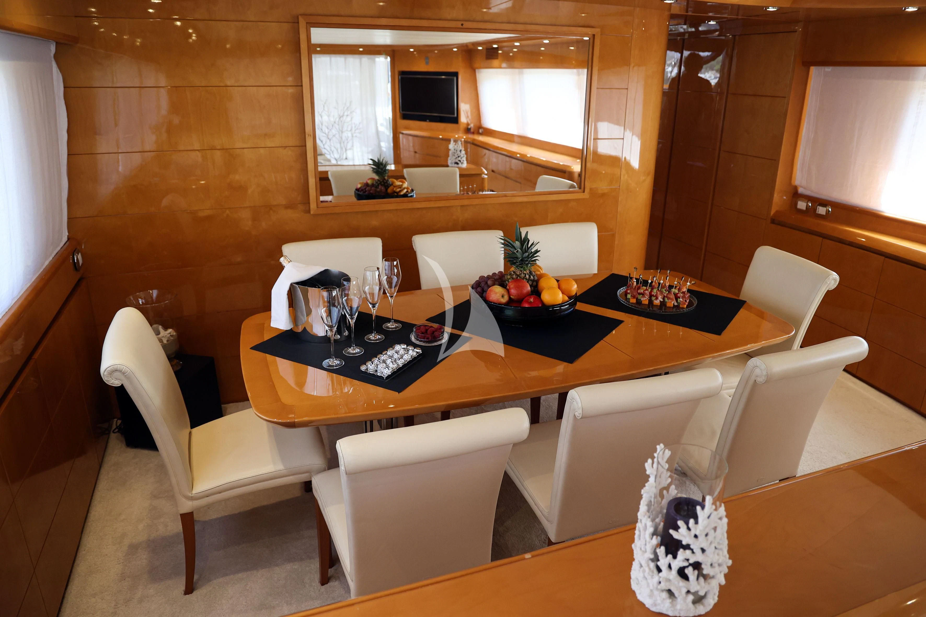 a dining table with chairs aboard WILLFUL Yacht for Sale