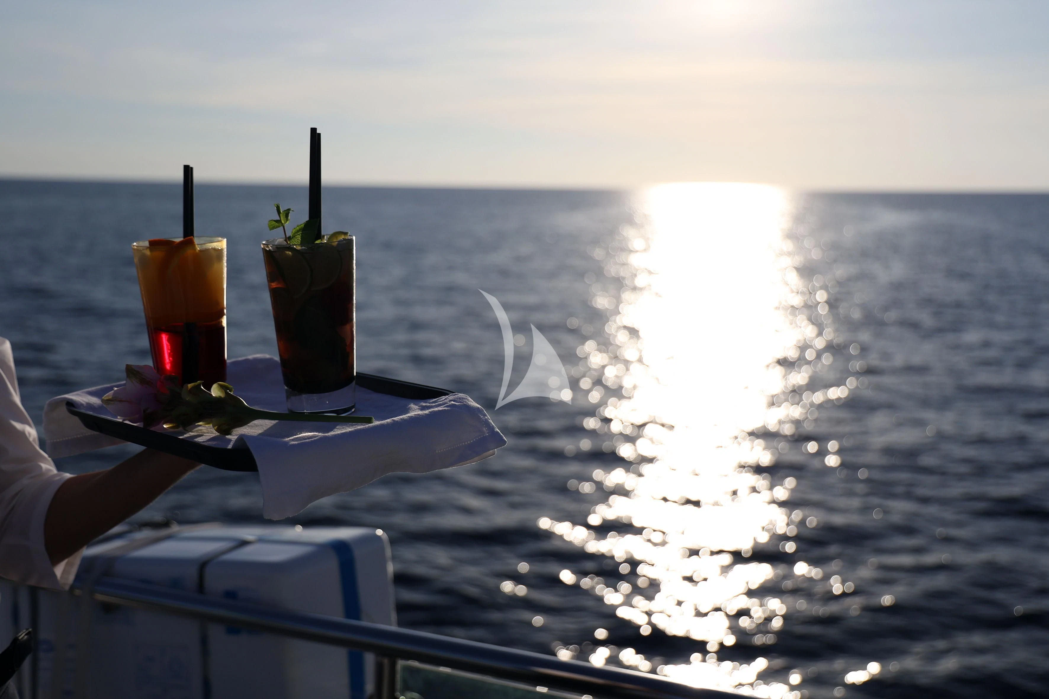 a table with a plant on it by the water aboard WILLFUL Yacht for Sale
