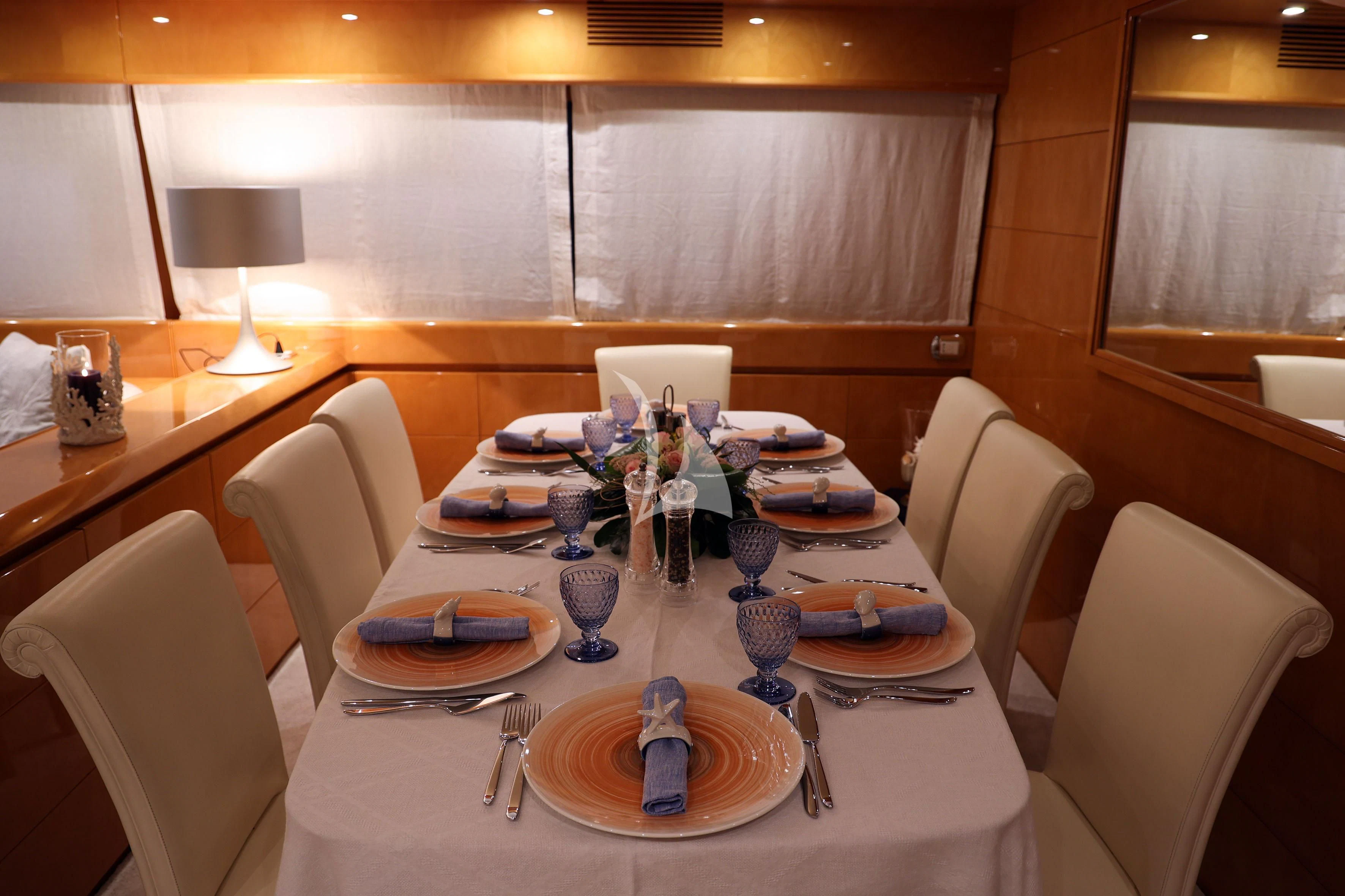 a table set with plates and silverware aboard WILLFUL Yacht for Sale
