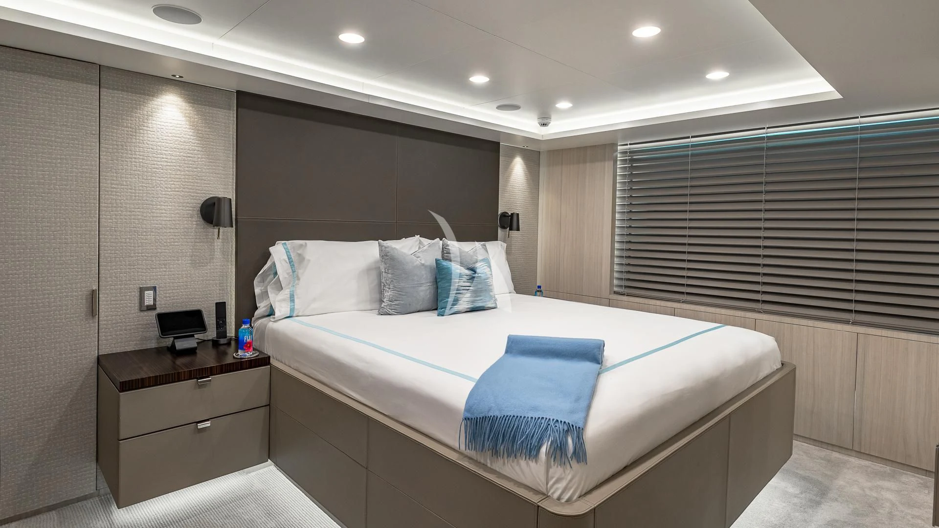 a bed in a room aboard REVERIE Yacht for Sale