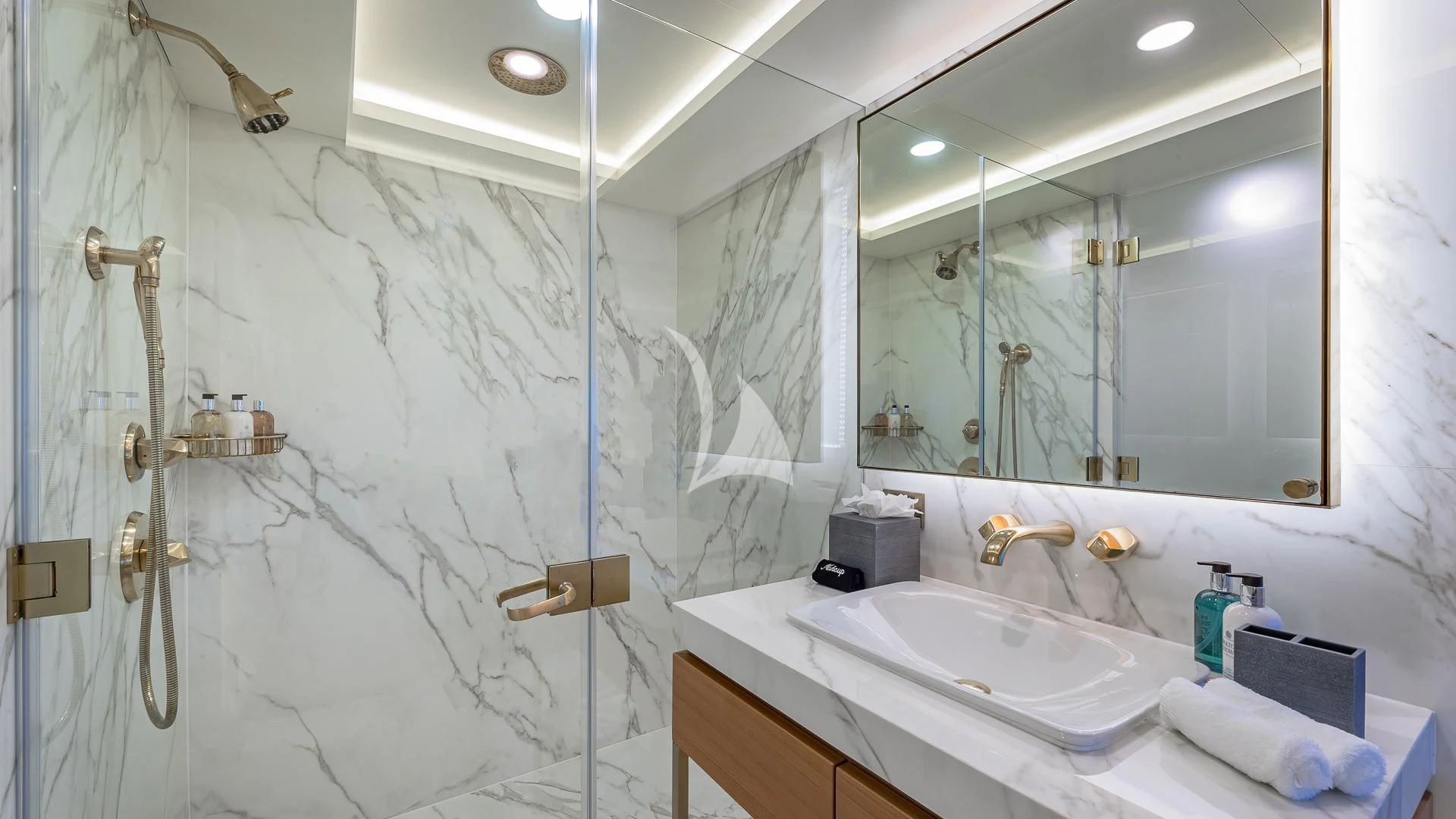 a bathroom with a shower curtain aboard REVERIE Yacht for Sale