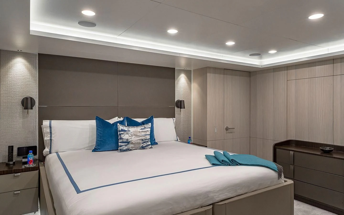 a bed in a room aboard REVERIE Yacht for Sale