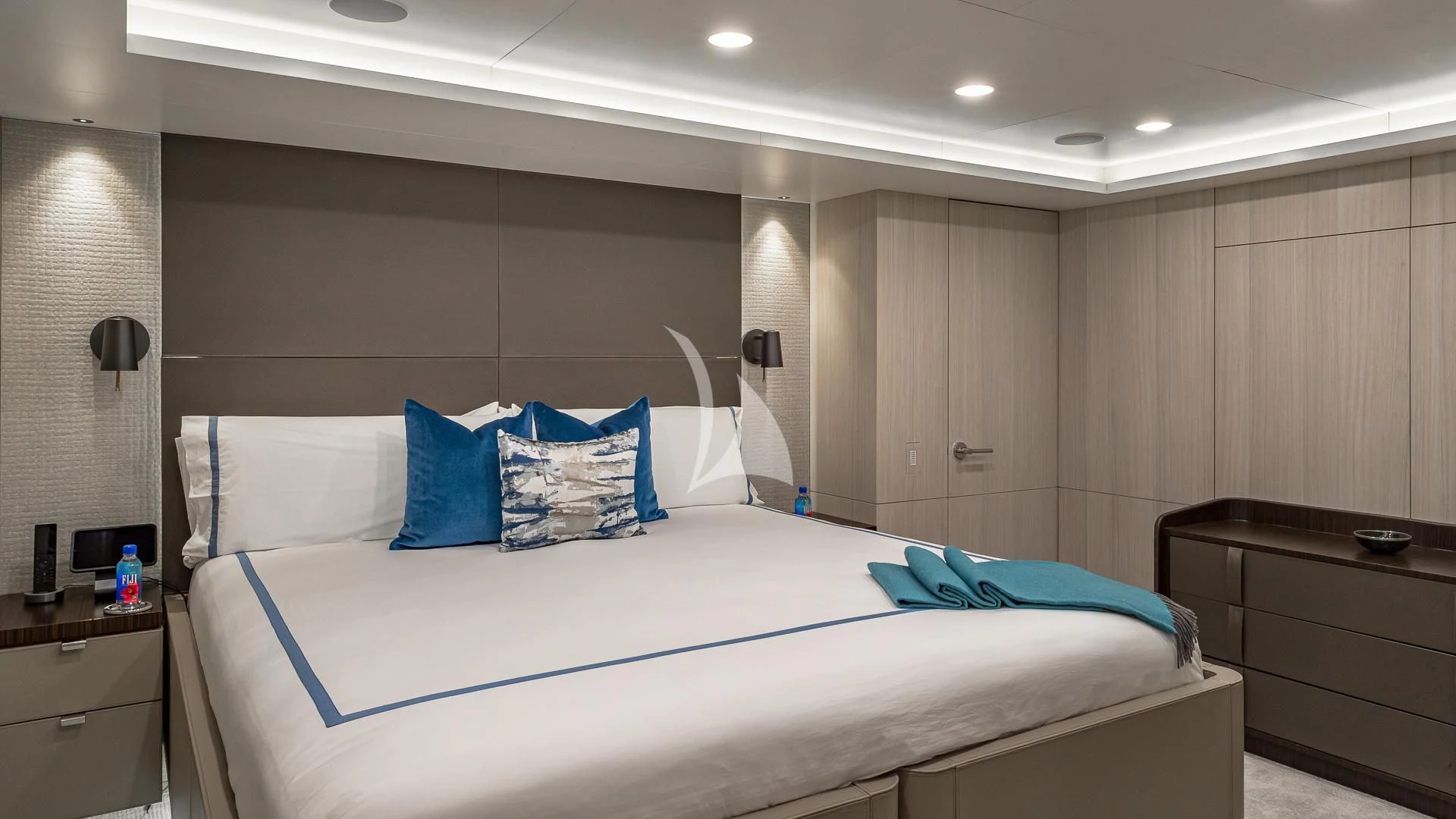 a bed in a room aboard REVERIE Yacht for Sale