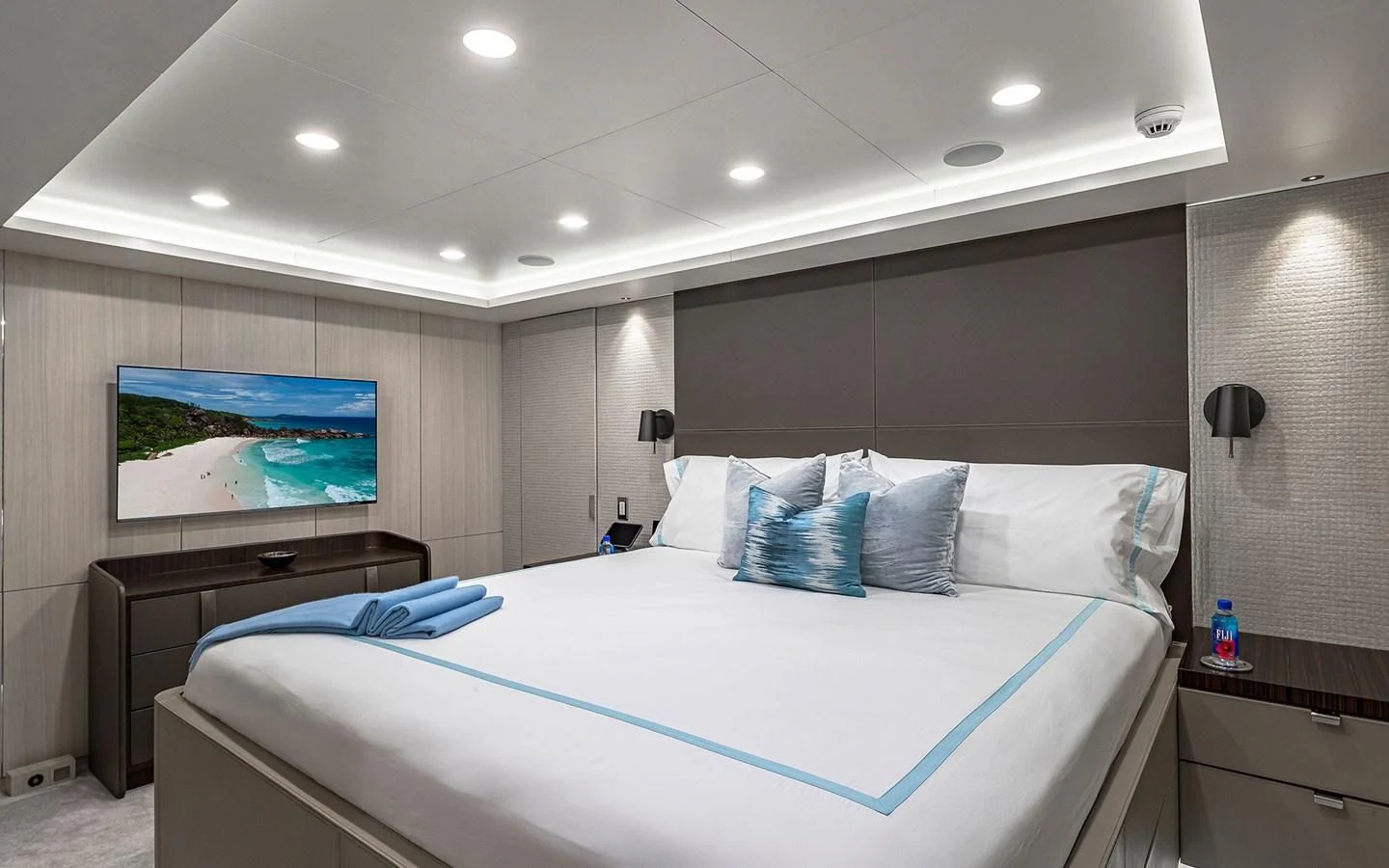 a bed in a room aboard REVERIE Yacht for Sale