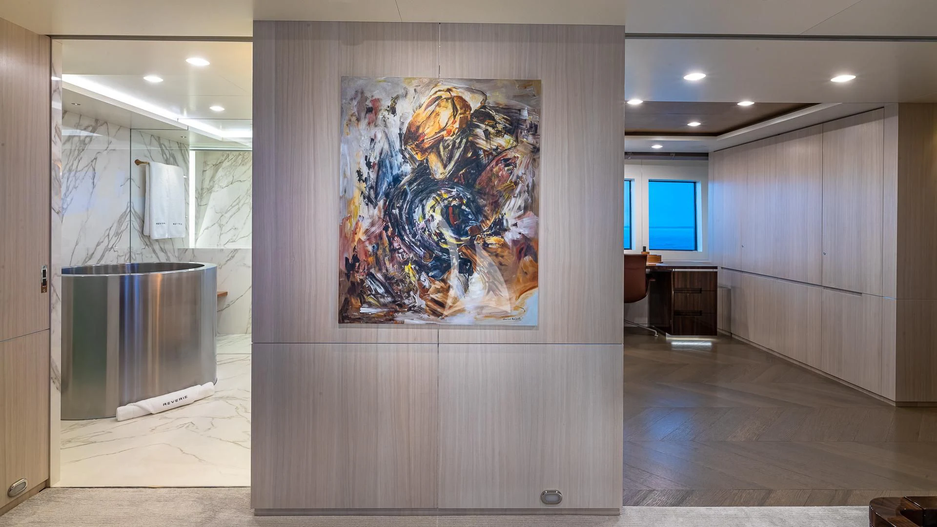 a room with a large painting aboard REVERIE Yacht for Sale