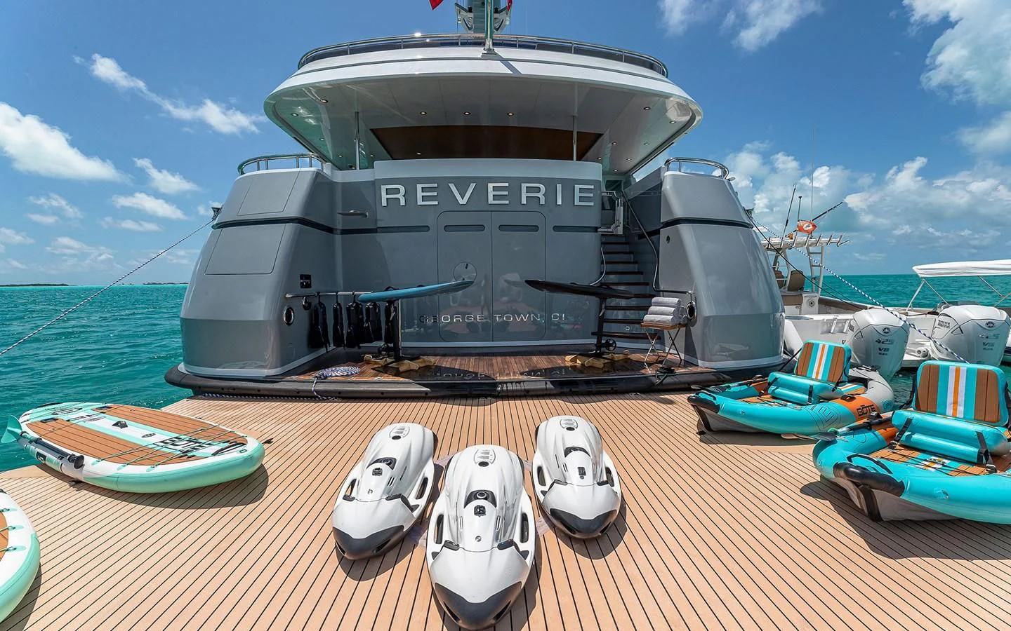 a boat on a beach aboard REVERIE Yacht for Sale