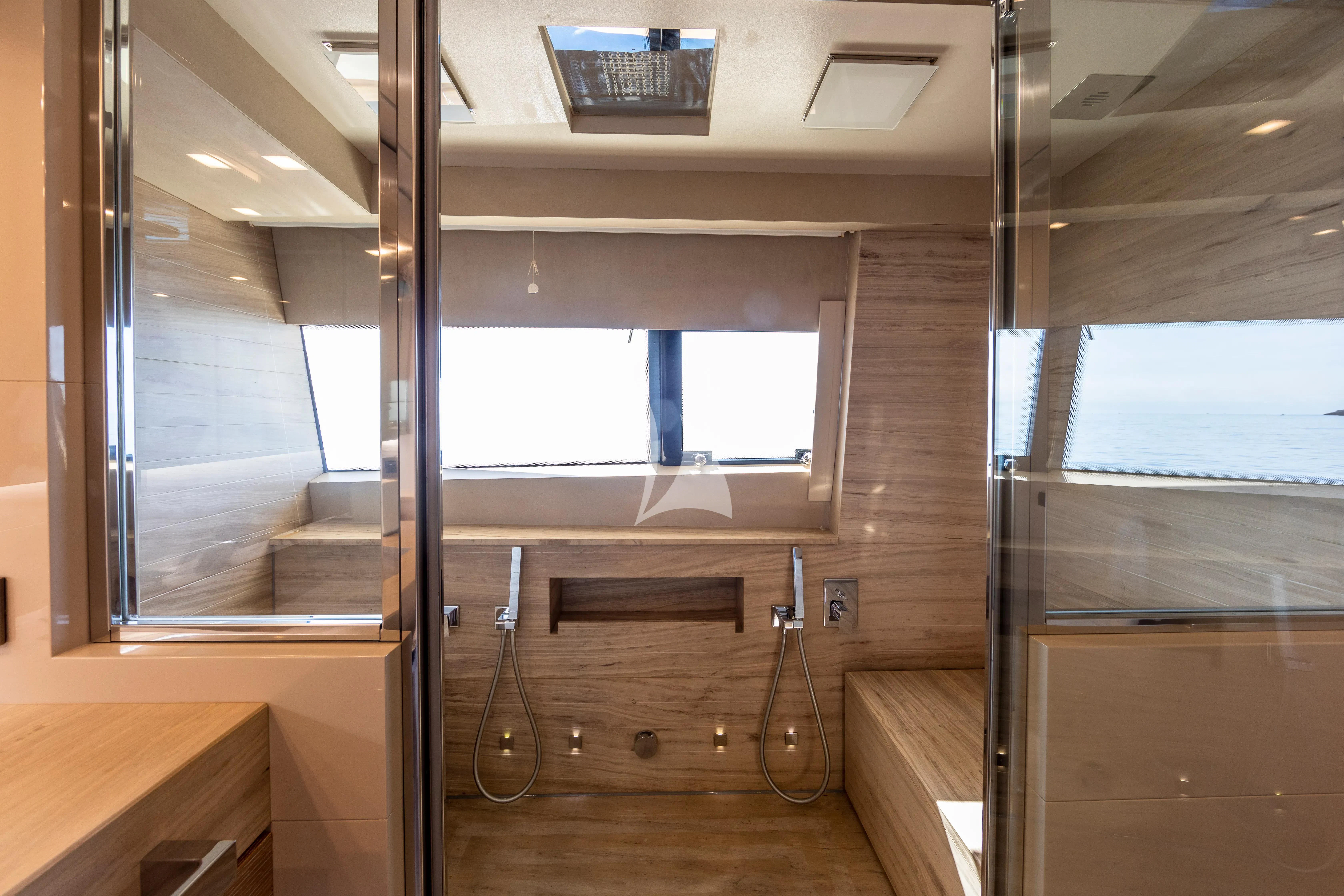 a room with a wood wall and a window aboard CENTURION Yacht for Sale