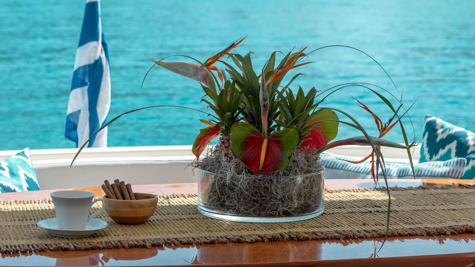 a plant in a pot on a table by the ocean aboard MANU Yacht for Charter