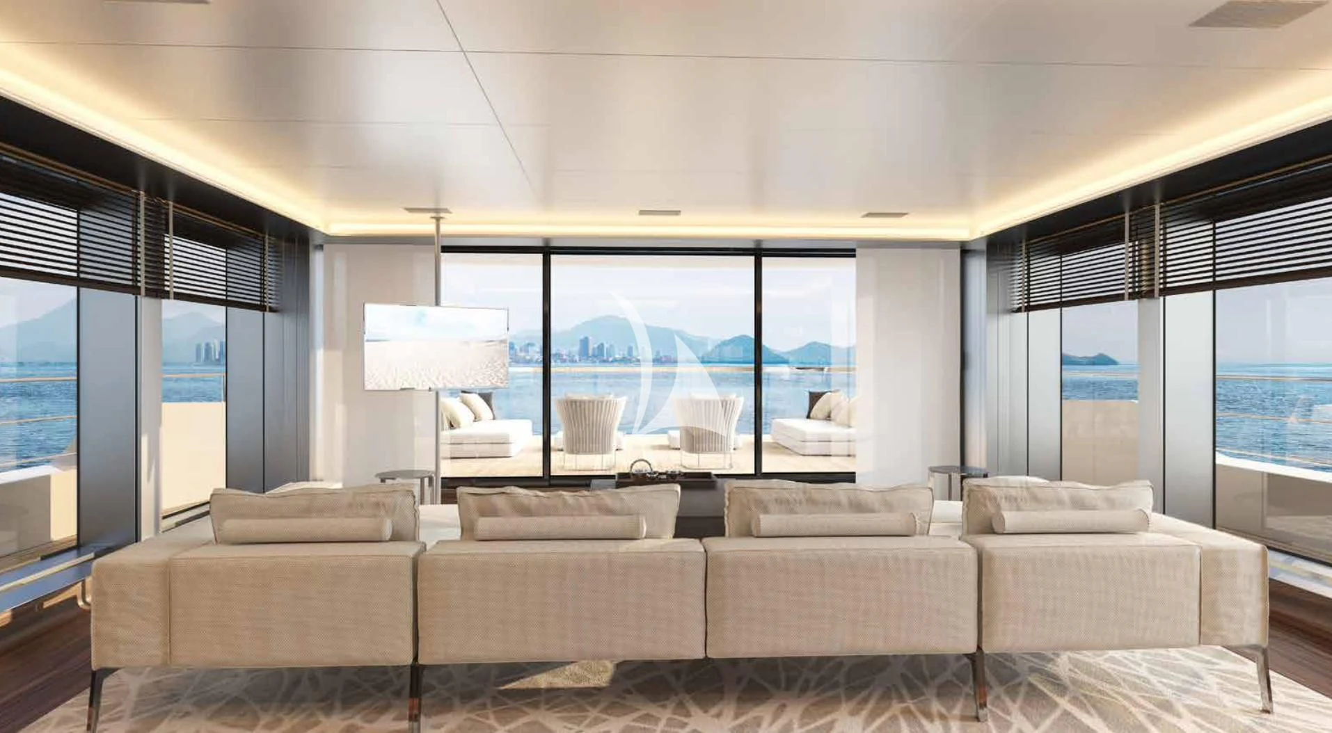 a living room with a large window aboard MYKO Yacht for Sale