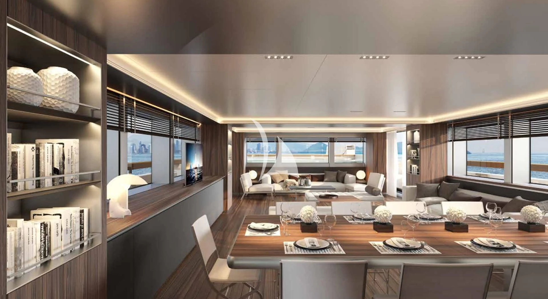 a large room with a table and chairs aboard MYKO Yacht for Sale