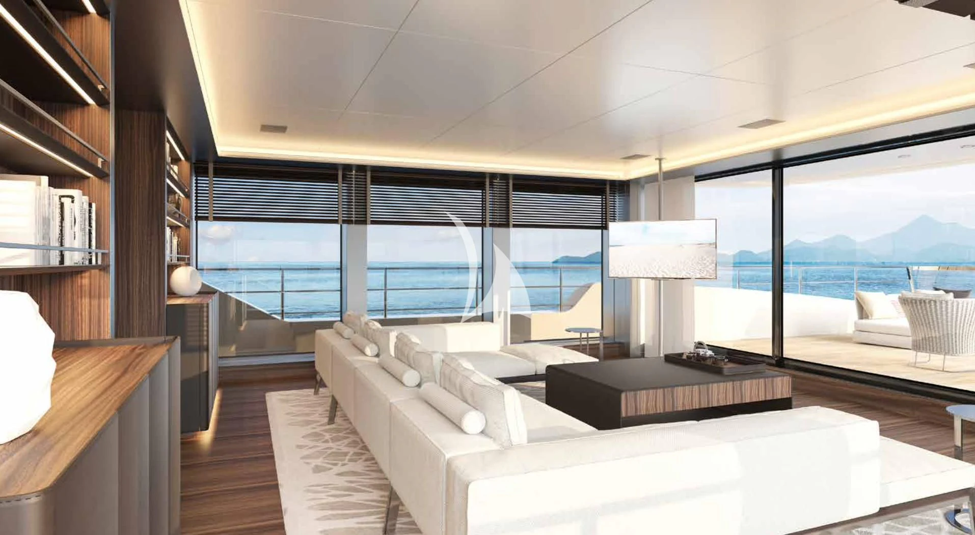 a room with a couch and a table and a large window aboard MYKO Yacht for Sale