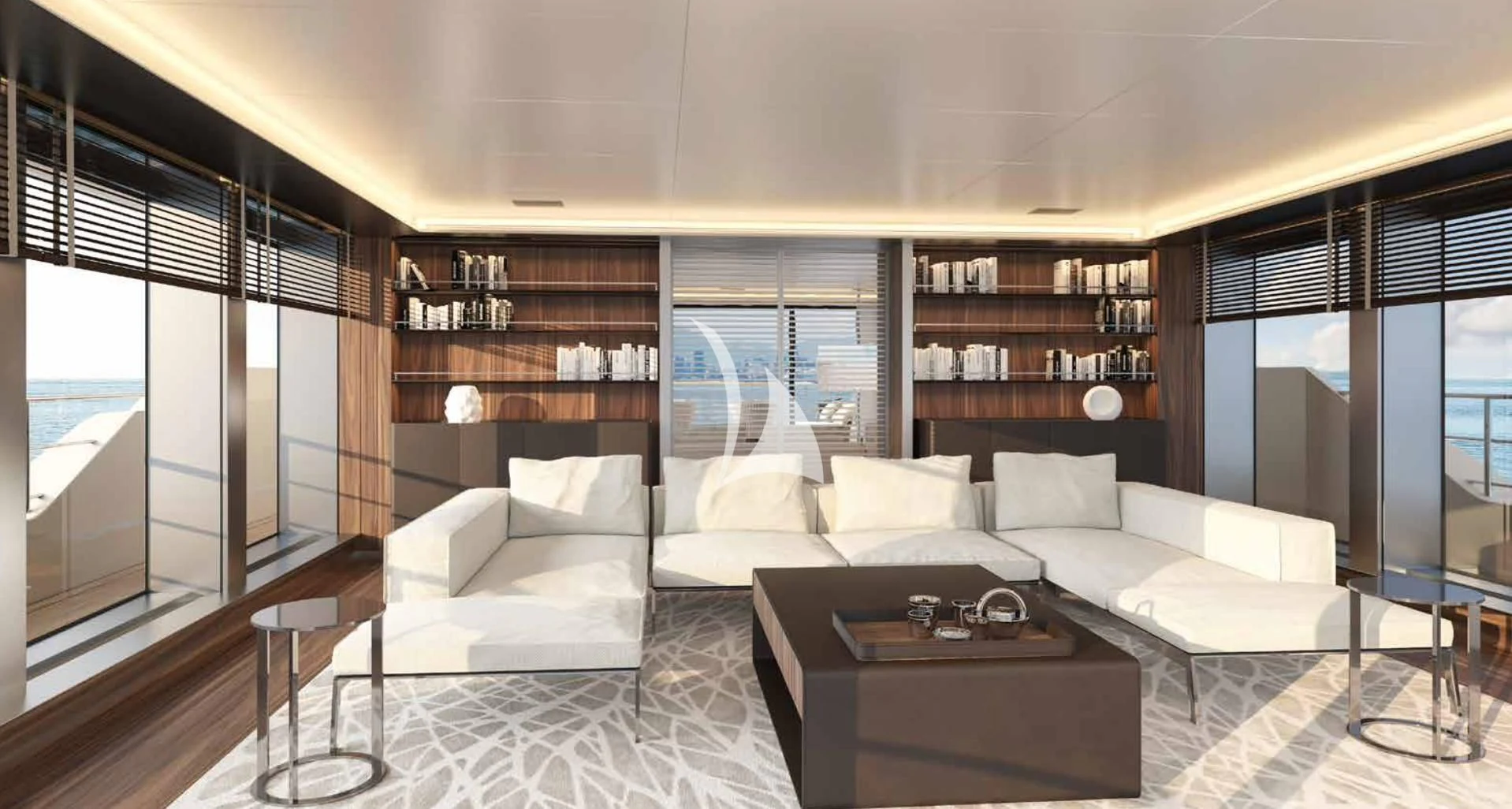 a living room with a large window aboard MYKO Yacht for Sale