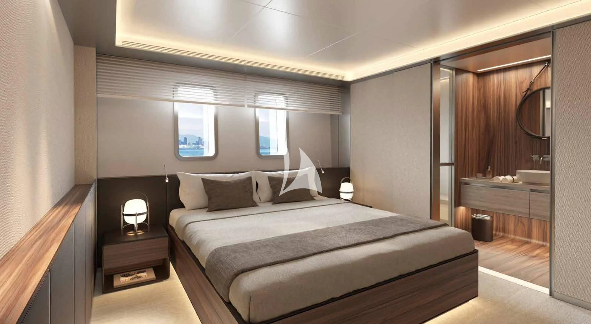 a bedroom with a bed and a mirror aboard MYKO Yacht for Sale