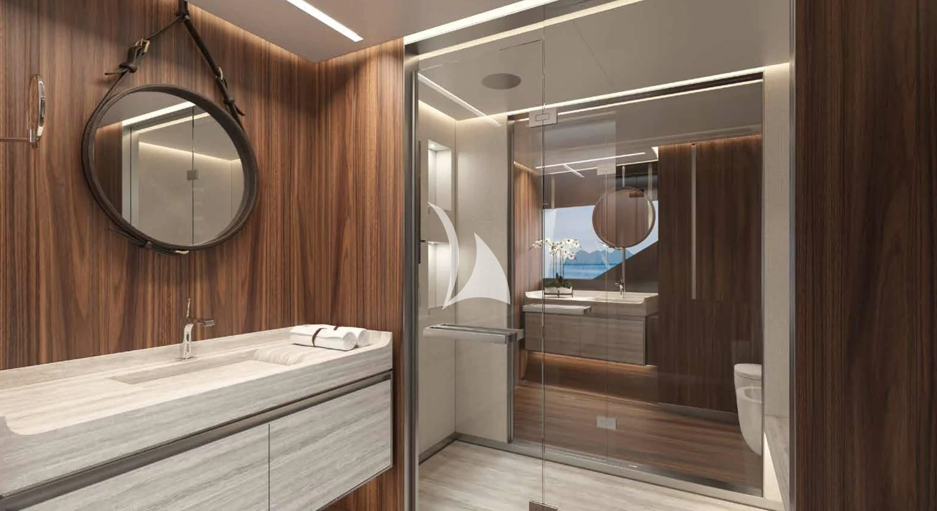 a bathroom with a large mirror aboard MYKO Yacht for Sale
