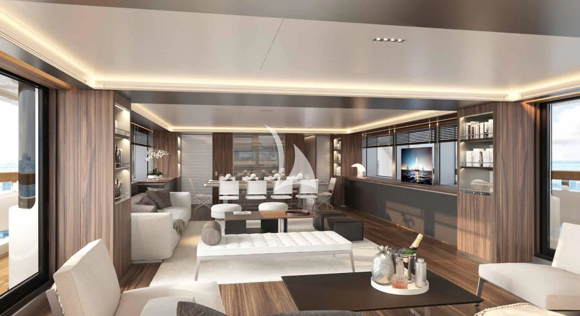 a living room with a large window aboard MYKO Yacht for Sale
