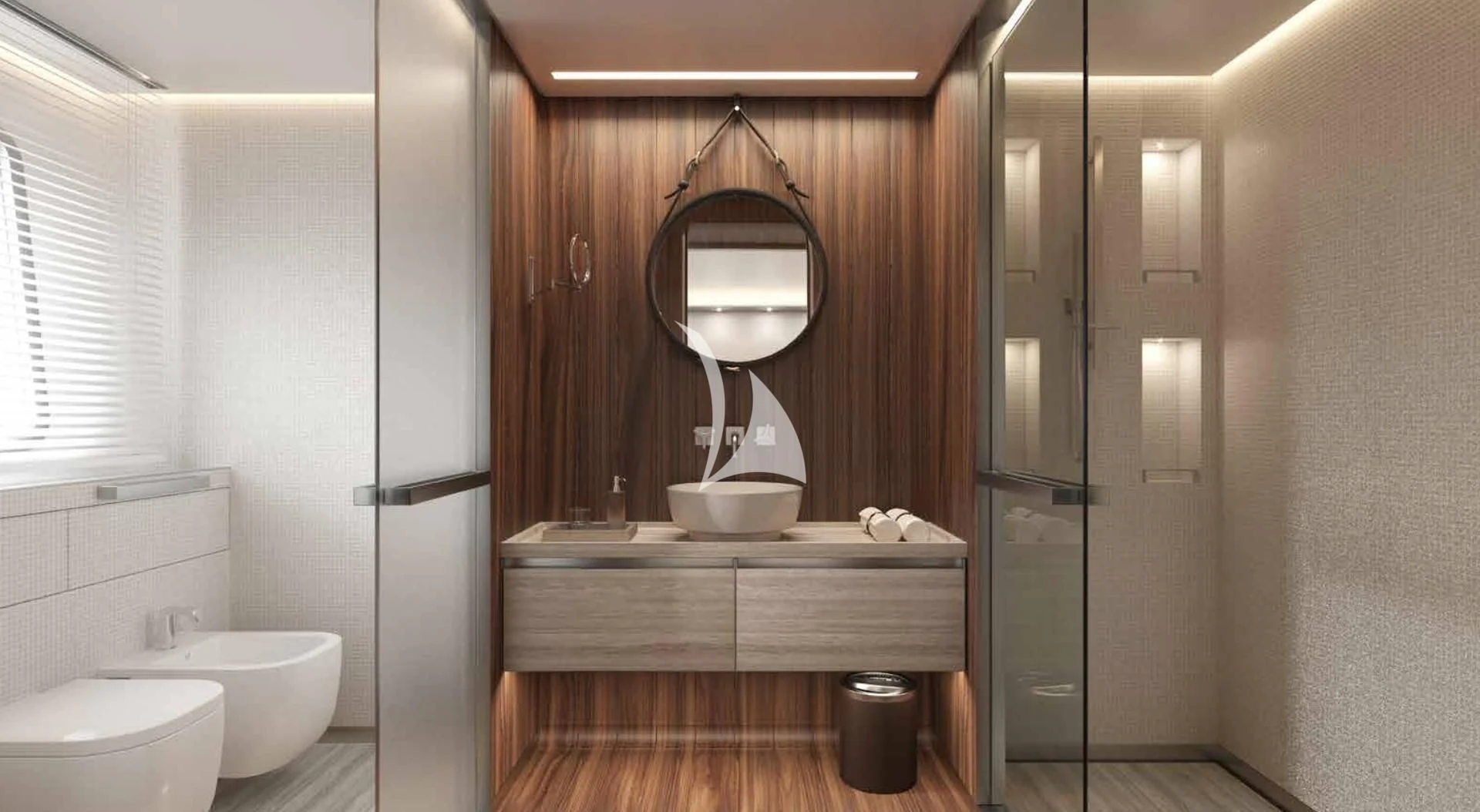 a bathroom with a mirror and a sink aboard MYKO Yacht for Sale