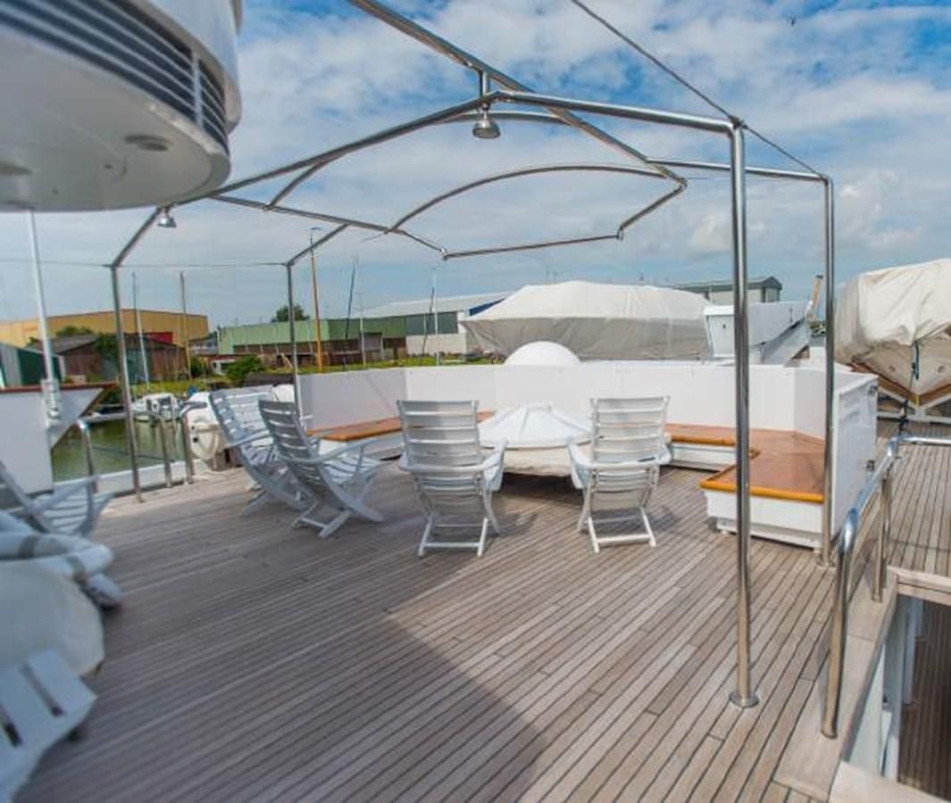 a deck with a table and chairs aboard KORU Yacht for Charter
