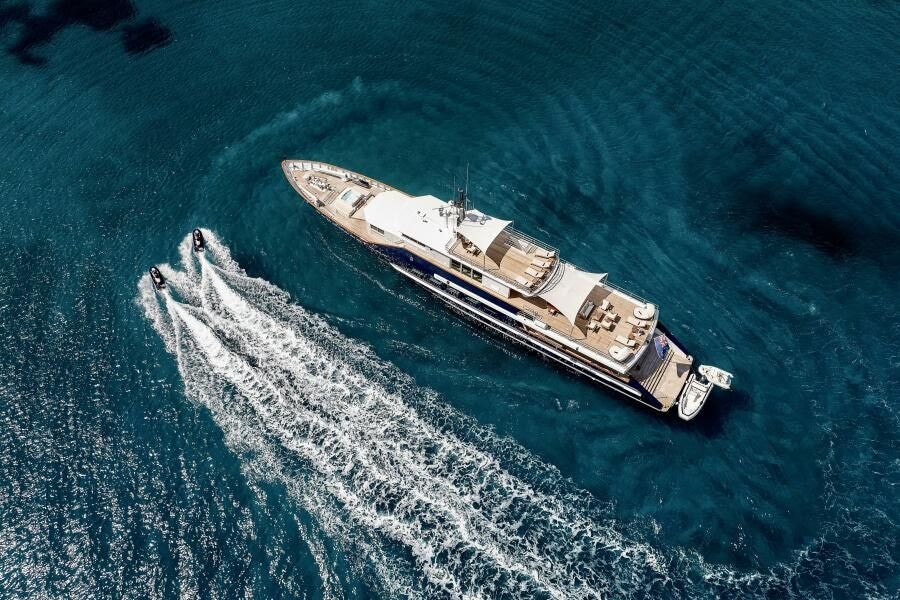 a military ship in the water aboard KORU Yacht for Charter