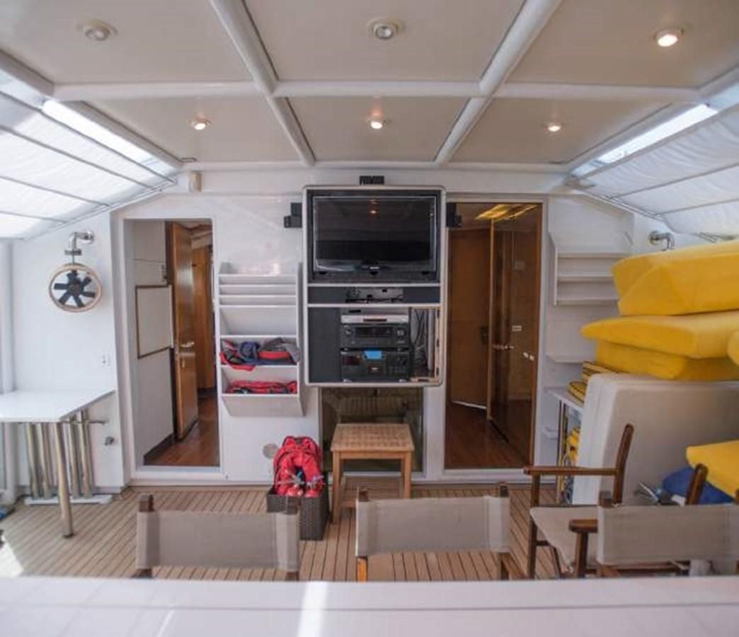 a room with a television and a table aboard KORU Yacht for Charter
