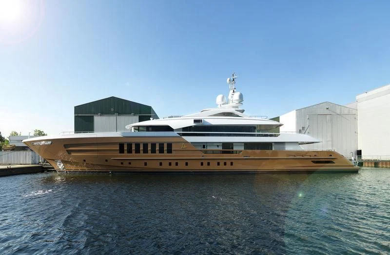 a large boat in the water aboard AZAMANTA Yacht for Sale