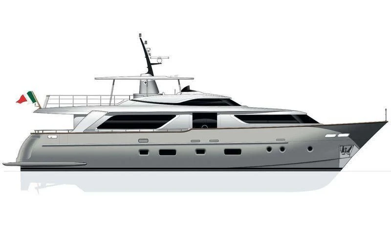a white boat with a black and red stripe aboard AKUA Yacht for Sale