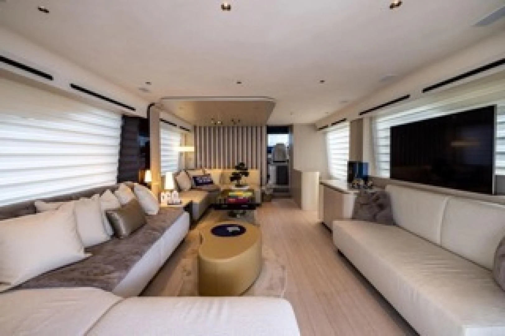 a living room with a large window aboard SUN LIFE Yacht for Sale