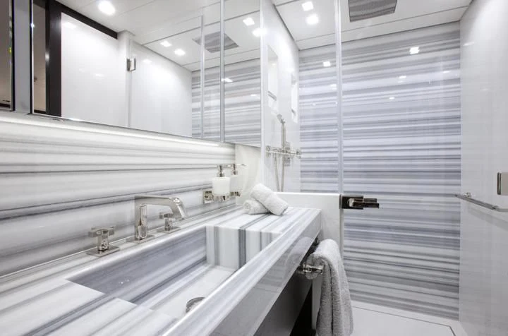 a bathroom with a large countertop aboard MIRAGE Yacht for Sale
