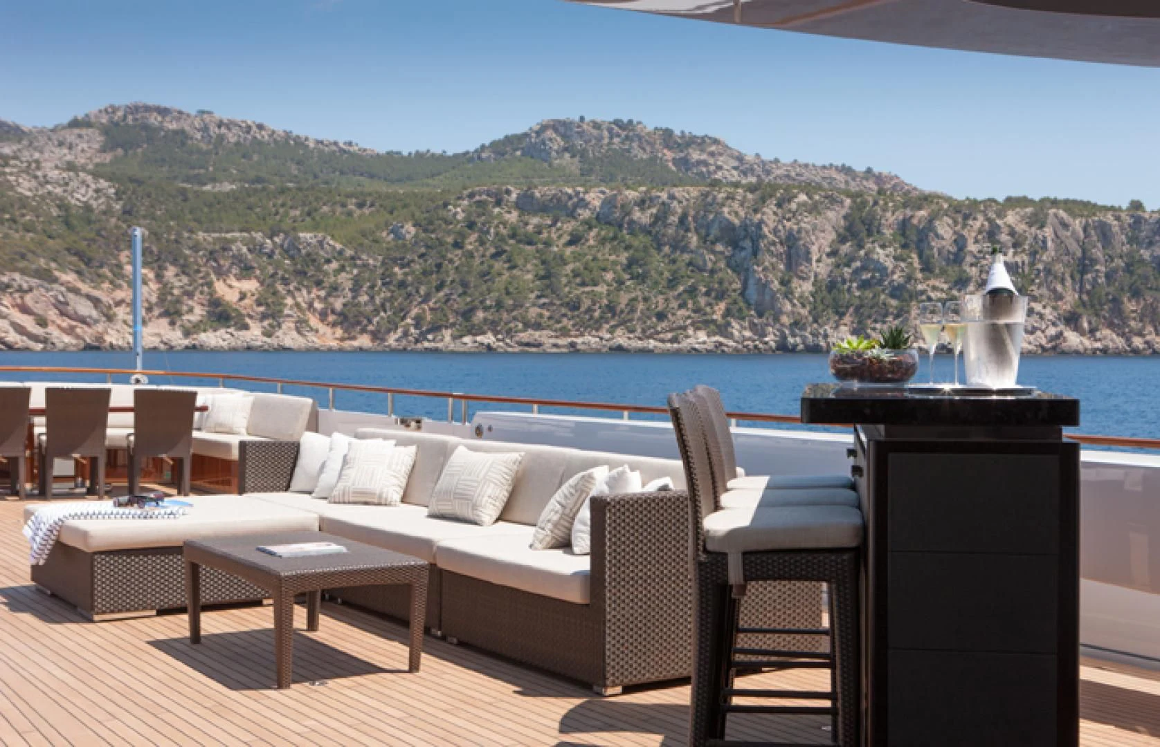 a room with a view of a city and a body of water aboard MIRAGE Yacht for Sale