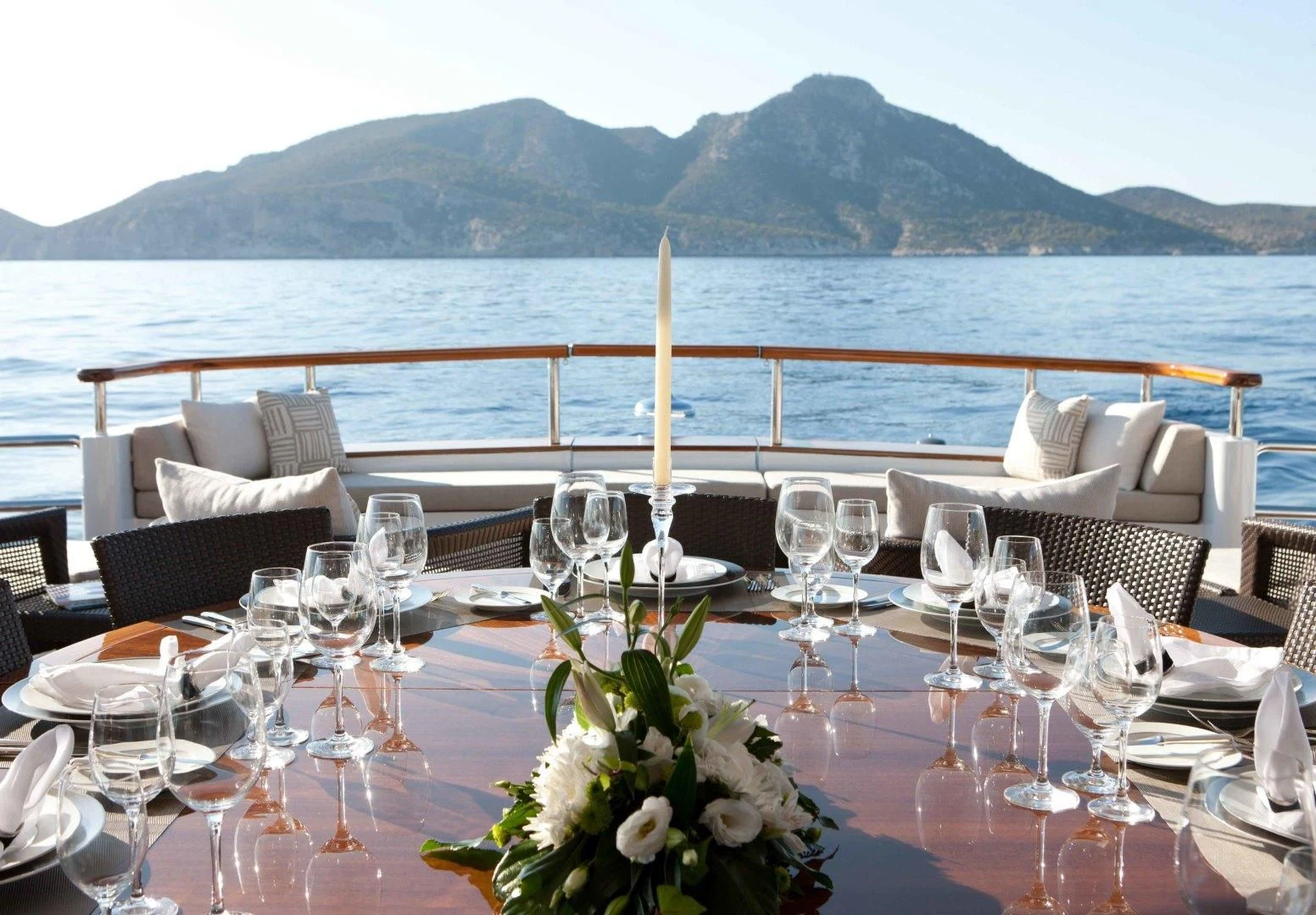 a table set for a wedding aboard MIRAGE Yacht for Sale