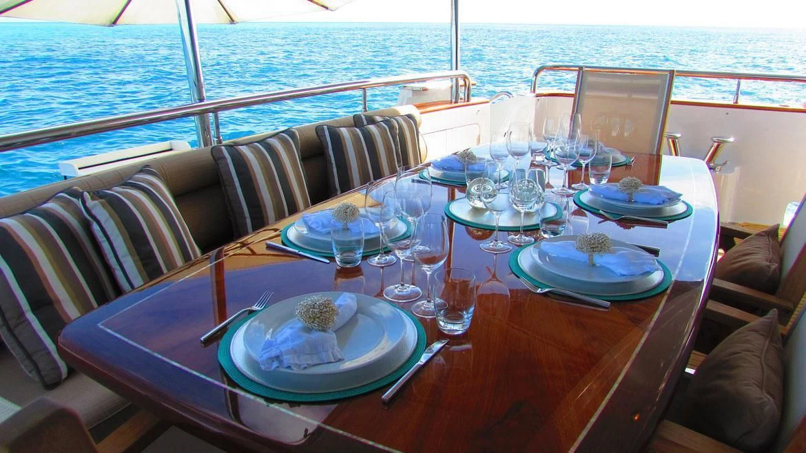 a table set for a meal on a boat aboard SALVATORE II Yacht for Sale