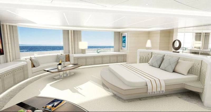 a room with a bed and a table aboard ROE Yacht for Sale