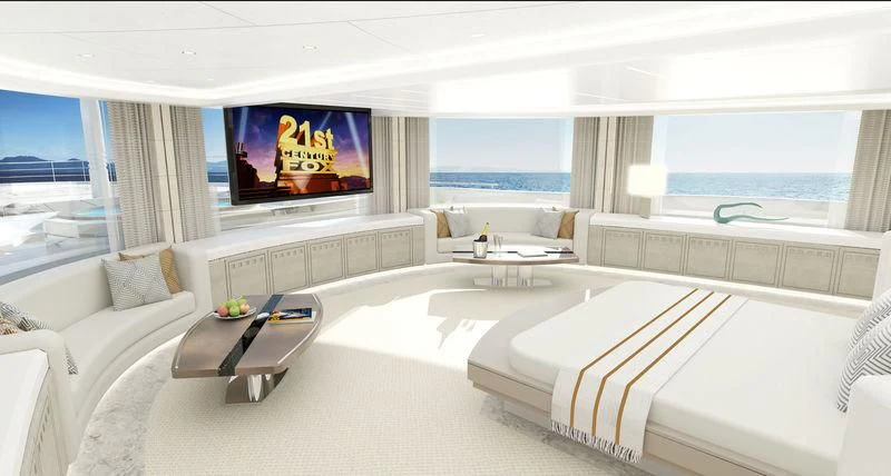 a large white room with a large screen on the wall aboard ROE Yacht for Sale