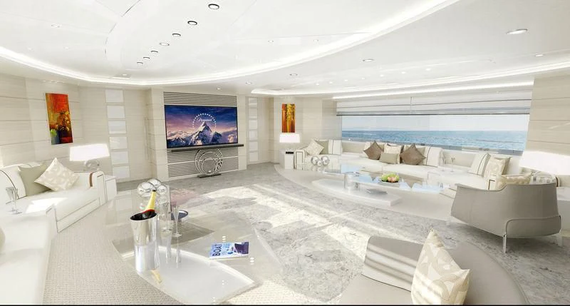 a large living room with a large screen aboard ROE Yacht for Sale