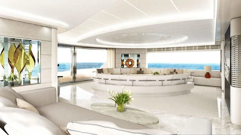 a modern living room with a large window aboard ROE Yacht for Sale