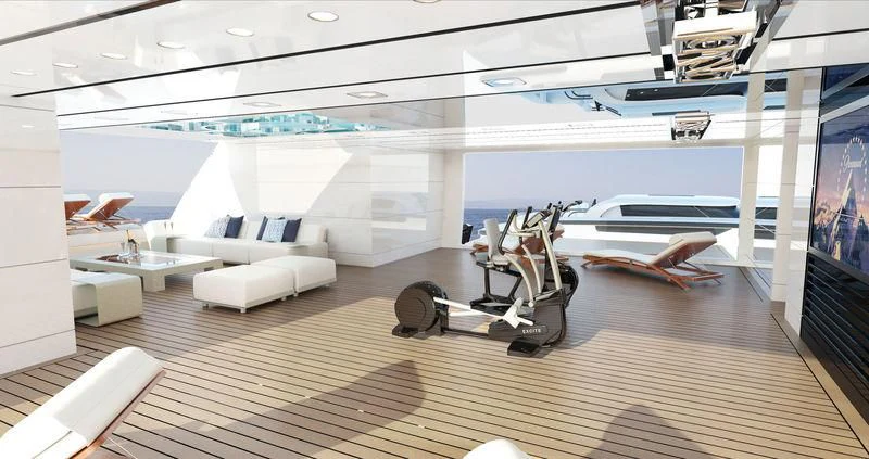a room with a large mirror and a couch aboard ROE Yacht for Sale