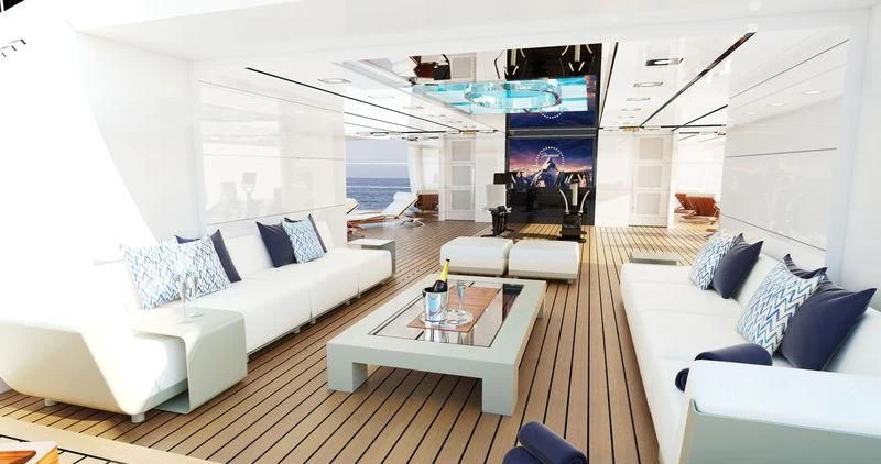 a living room with a large window aboard ROE Yacht for Sale