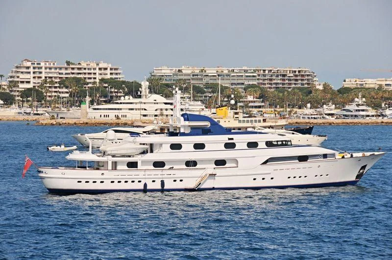 a white yacht in the water aboard CLEOPATRA Yacht for Sale