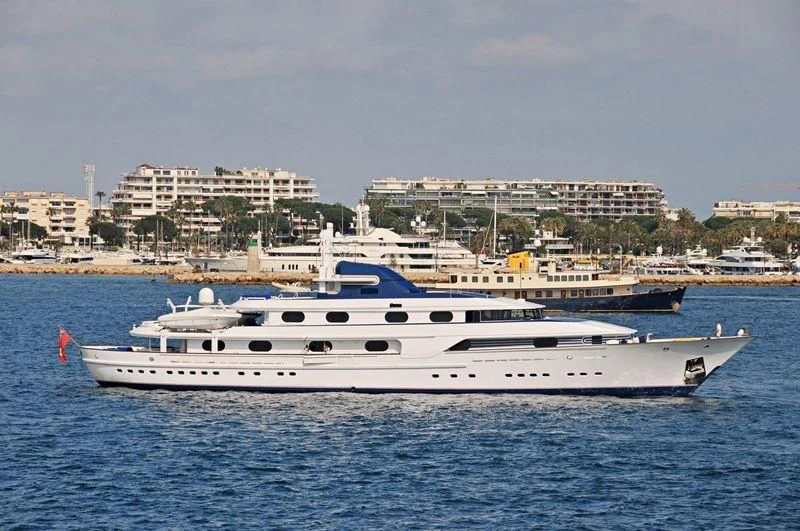 a white yacht in the water aboard CLEOPATRA Yacht for Sale